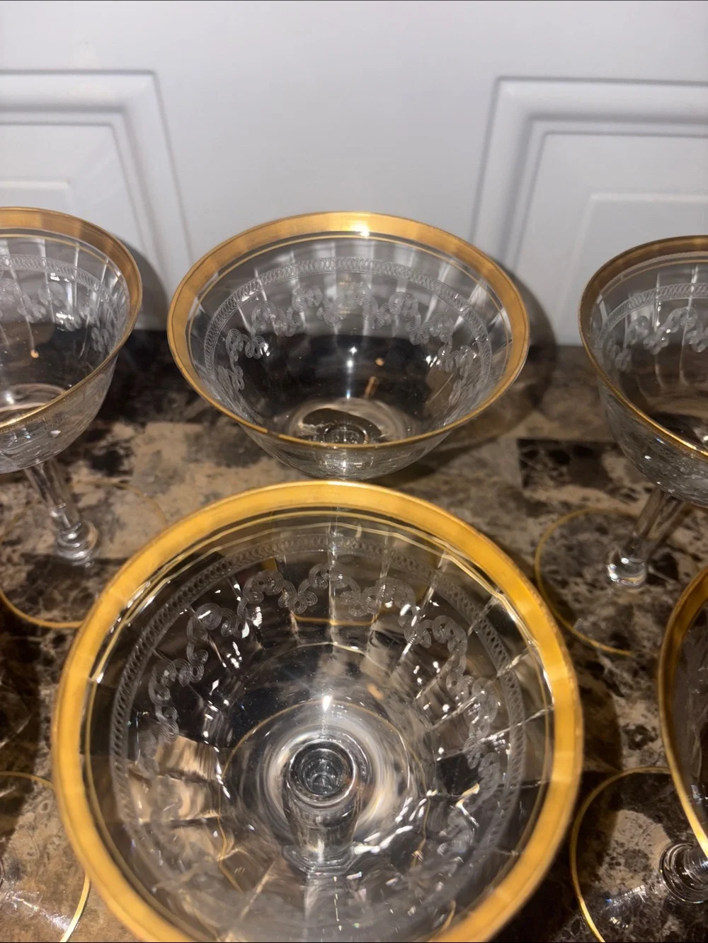 Vintage Gold-Rimmed Encrusted Etched Glass Coupe (Set of 6)